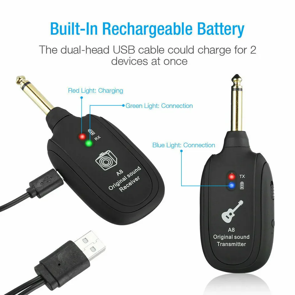 UHF Guitar Wireless System Transmitter+Receiver Built In Rechargeable Battery wireless guitar system