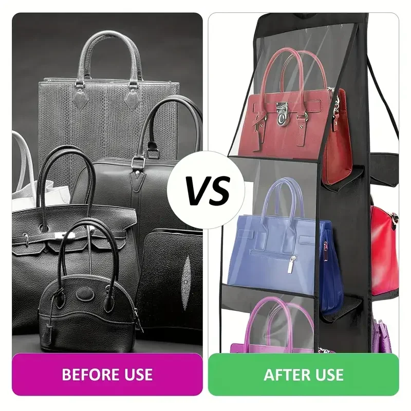 6 Pocket Hanging Handbag Organizer for Wardrobe Closet Gray Waterproof Storage Bag Door Wall Clear Sundry Bag with Hanger Pouch