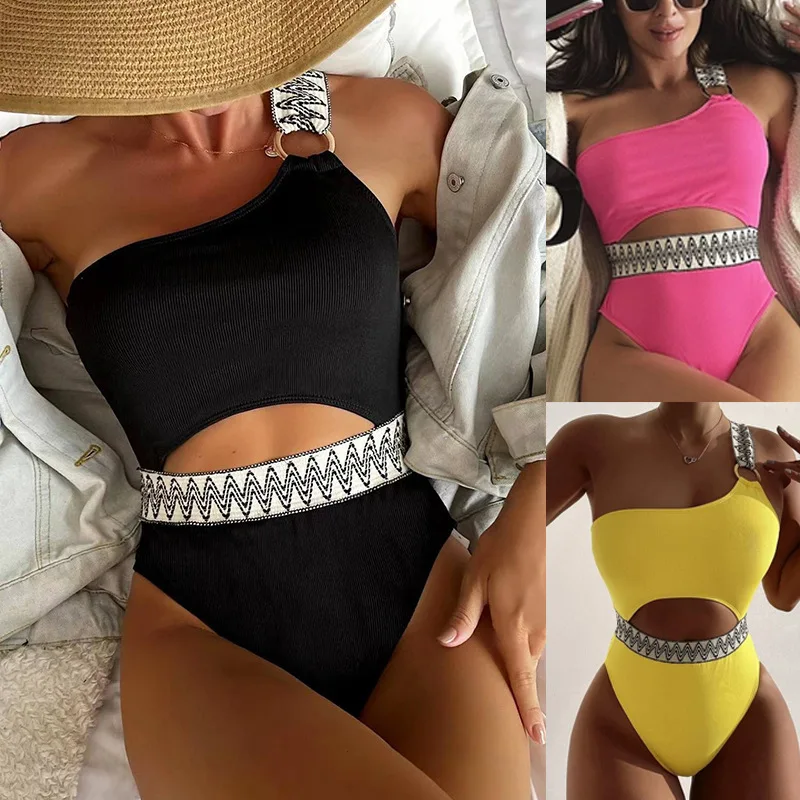 

Swimsuit Women 2023 New Bikinis Solid Color Swimsuit One-piece Cut-out Wavy One-shoulder Sexy Swimsuit Bikini Women