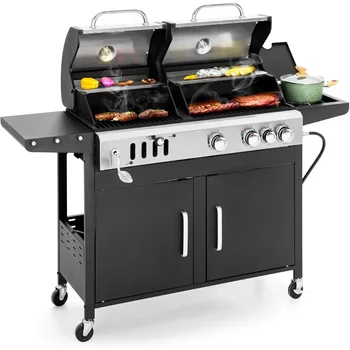 Dual Fuel Propane Gas Grill and Charcoal Grill Combo with Side Burner, Porcelain-Enameled Cast Iron Grate