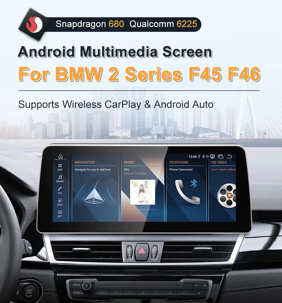 12.3inch Qualcomm Snapdragon680 6225 Andorid14 Wireless Auto CarPlay For BMW 2Se