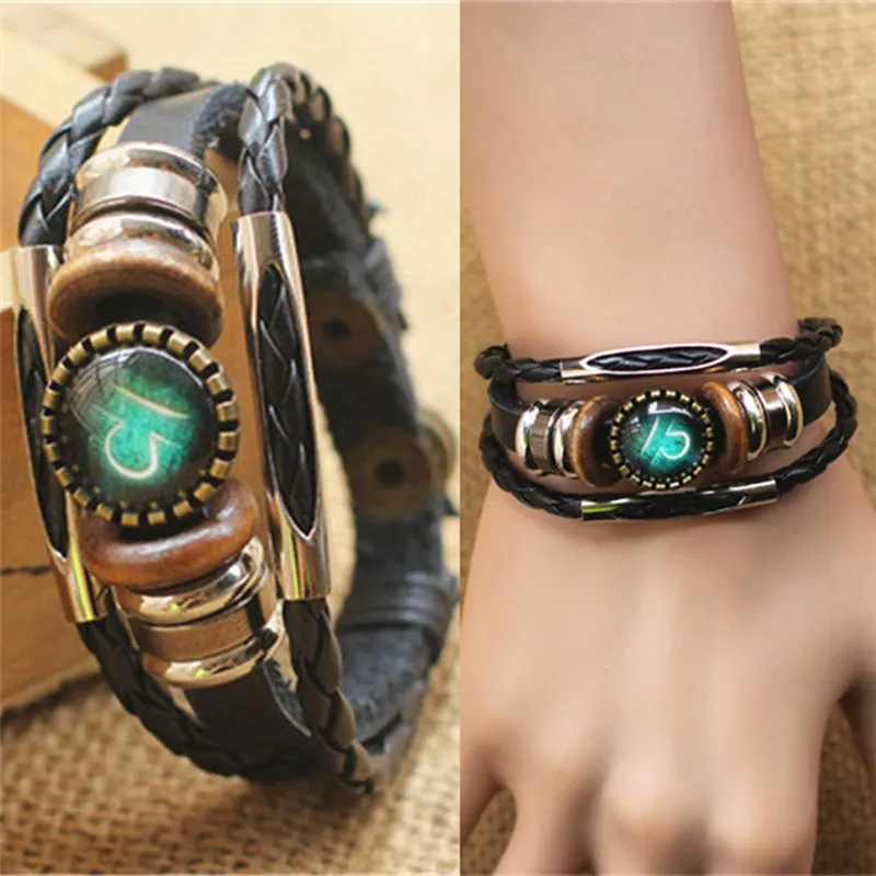 Punk Men Jewelry 12 Horoscope Leather Bracelet Retro Wooden Bead Charm Bracelet Female Male Jewelry Gifts bracelet jewelry leather bracelets