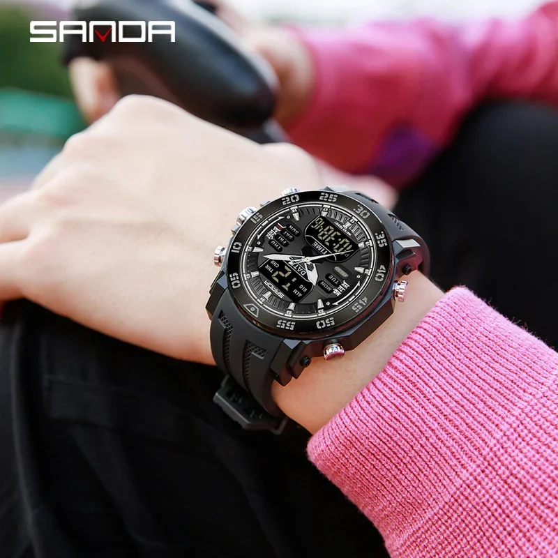 SANDA 6029 Military LED Dual Display Watch for Men Sport Large Dial Waterproof Quartz Digital Wristwatch Mens Reloj Para Hombre