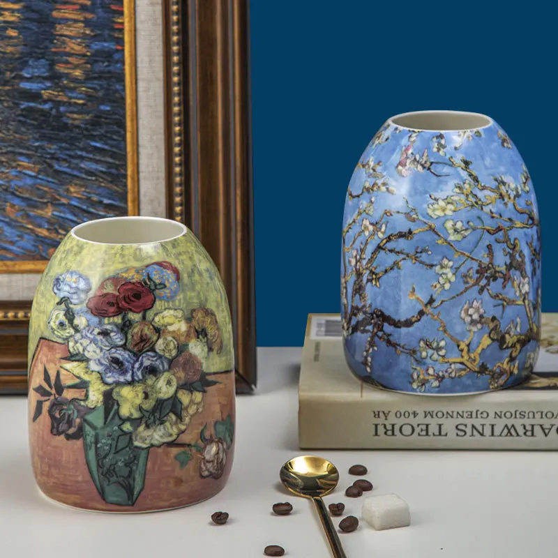 

Vintage Van Gogh oil painting Vases Simple Retro Ceramic Decoration Creative Home room Furnishings Nordic Retro Pastoral Vase