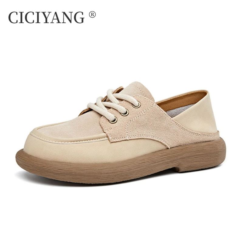 

CICIYANG Genuine Leather Lace Up Loafers for Women 2024 Spring New ladies Retro Single Shoe Soft Sole Platform Casual Shoes
