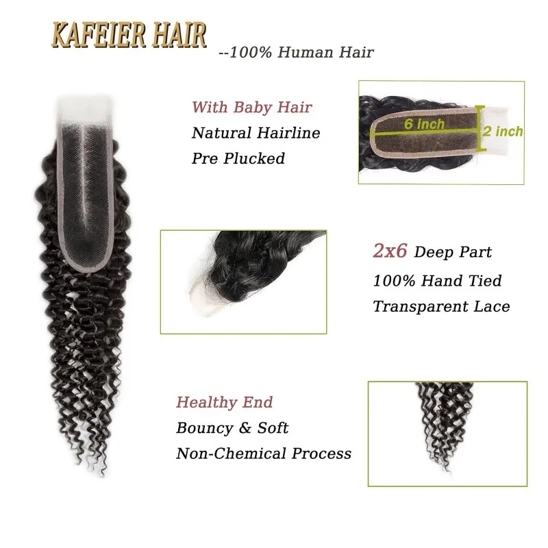 Kinky Curly 2x6 Lace Closure Human Hair Pre-Plucked Hairline Brazilian Virgin Hair Soft Transparent Lace Closure For Women