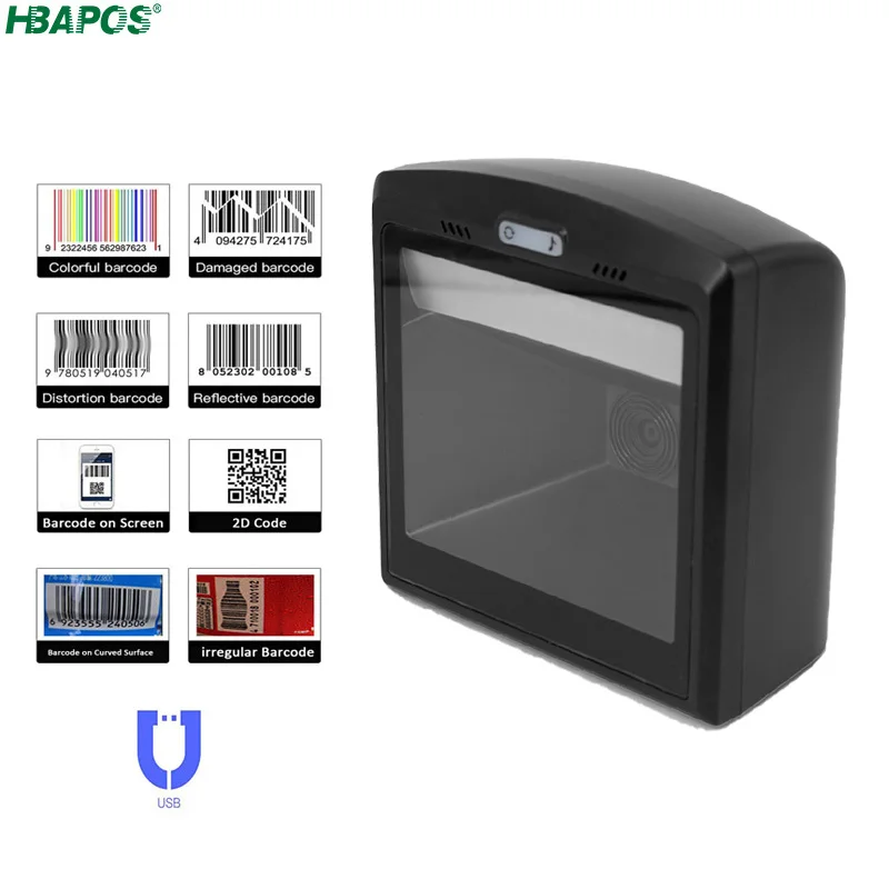 

Сканер штрих-кода HBAPOS 2D 1D, беспроводной многонаправленный настольный автоматический считыватель QR-кода, Data Matrix для POS-терминалов, ПК, Windows