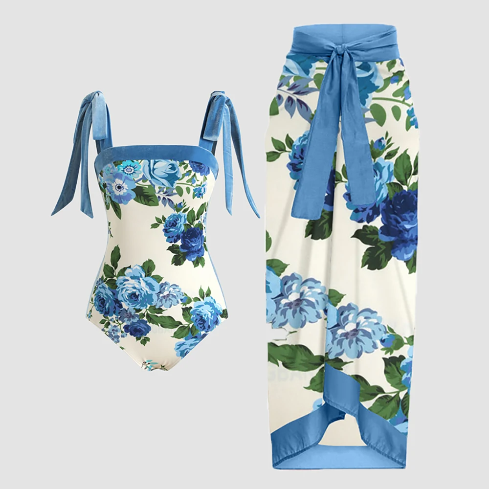 

Blue Flower Print Bikinis Women Lace Up One Piece Swimsuits Swimming Suit Summer Beachwear Strapless Backless Swimwear Surf Wear