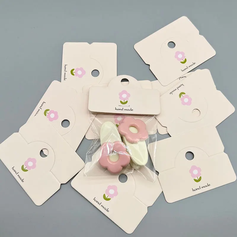 50pcs/lot Foldable Packaging Paper Cards 6.4x4cm Pink Bow Cards for Handmade Jewelry Retail Hang Tag Flowers Display Cardboard