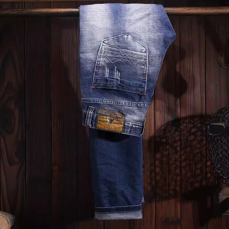 Streetwear Fashion Men Jeans High Quality Retro Blue Stretch Slim Fit Ripped Jeans Men Embroidery Designer Vintage Denim Pants
