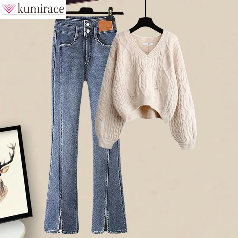 2022 Winter New Korean Popular V-Neck Loose Knitted Sweater Casual Jeans Trousers Two Piece Elegant Women's Pants Set