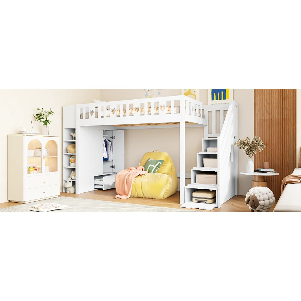 Hochbett, 90 x 200 cm, Aufbewahrungsregale, zusammenklappbarer Aufbewahrungsschrank, freier Platz unter dem Bett, Liebesgeländer, ohne Matratze – Detail 20