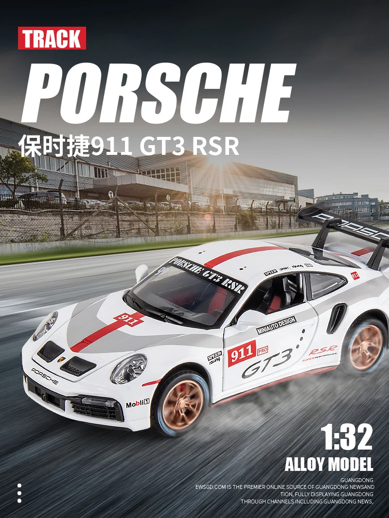 1/32 Scale Porsche 911 GT3 RSR Track Version Model Alloy Pull Back Sound And Light Shockproof Sports Cars Kids Toys