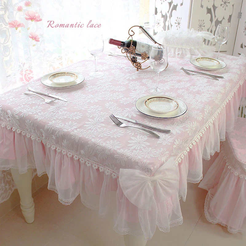 

Korean Lace Tablecloth Garden Fresh Pink Bow Home Diningtable Cloth Rectangular European Wedding Decor Cloth Custom Chair Cover