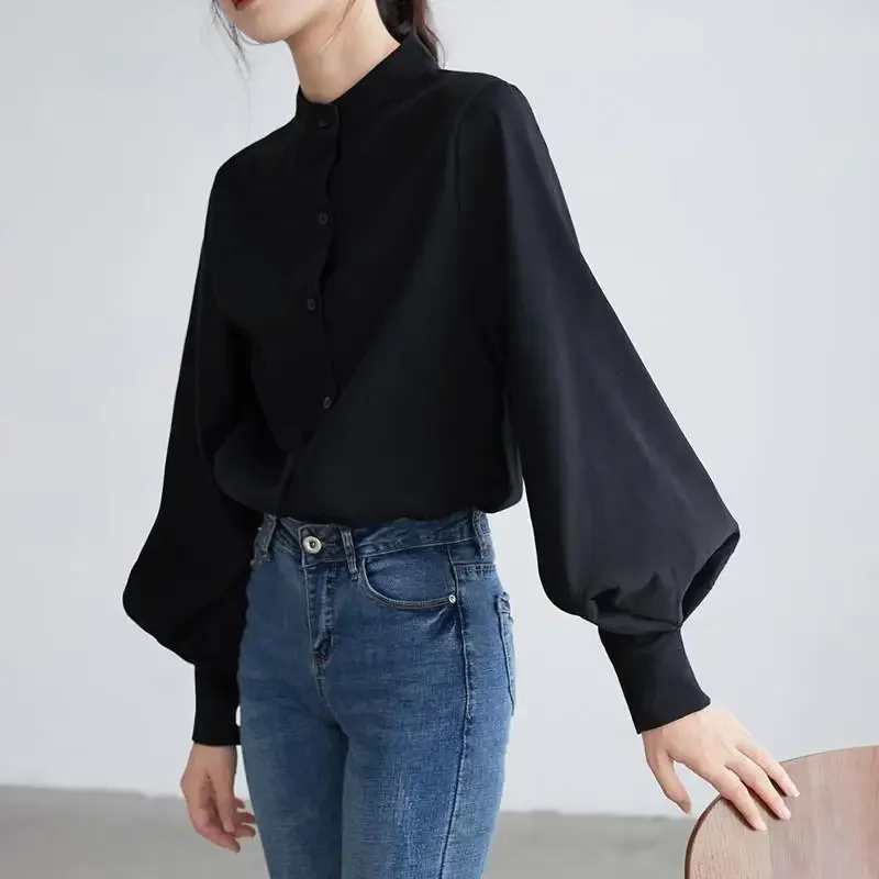 Temperament Black Loose Blouse Spring Autumn Long Sleeve Button Solid Color Youth Shirt Tops Vintage Casual Women Clothing
