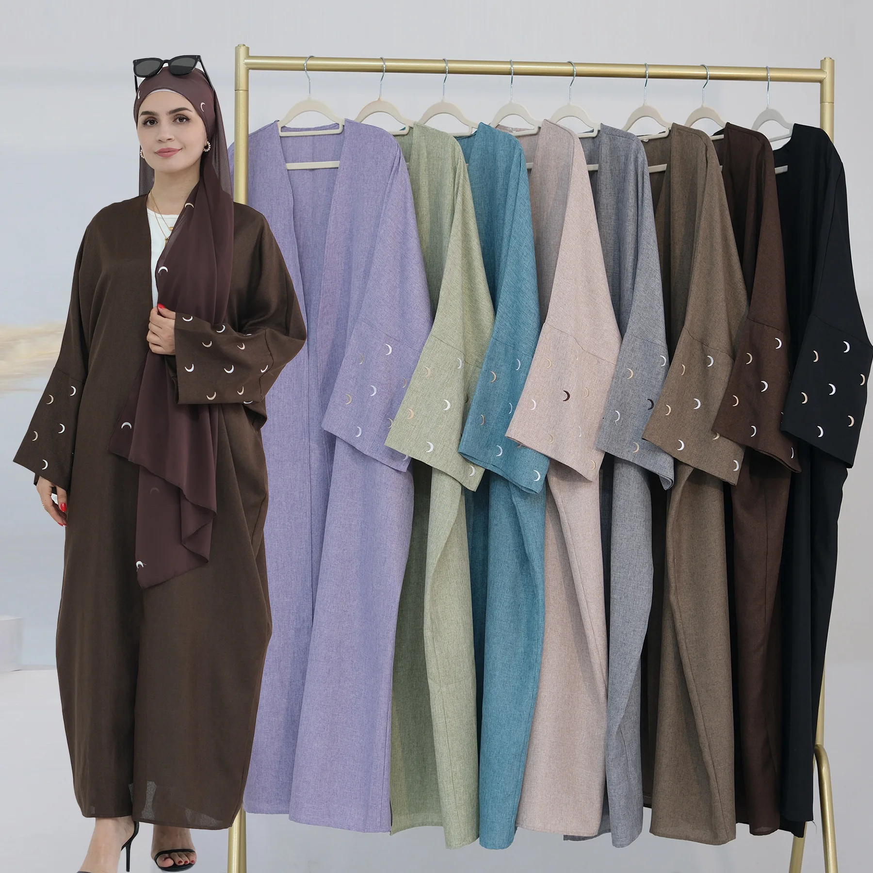 

Moon Embroidery Linen Open Abaya Kimono EID Ramadan Islamic Clothing Abayas for Women Dubai Cardigan Muslim Hijab Dress Kaftan