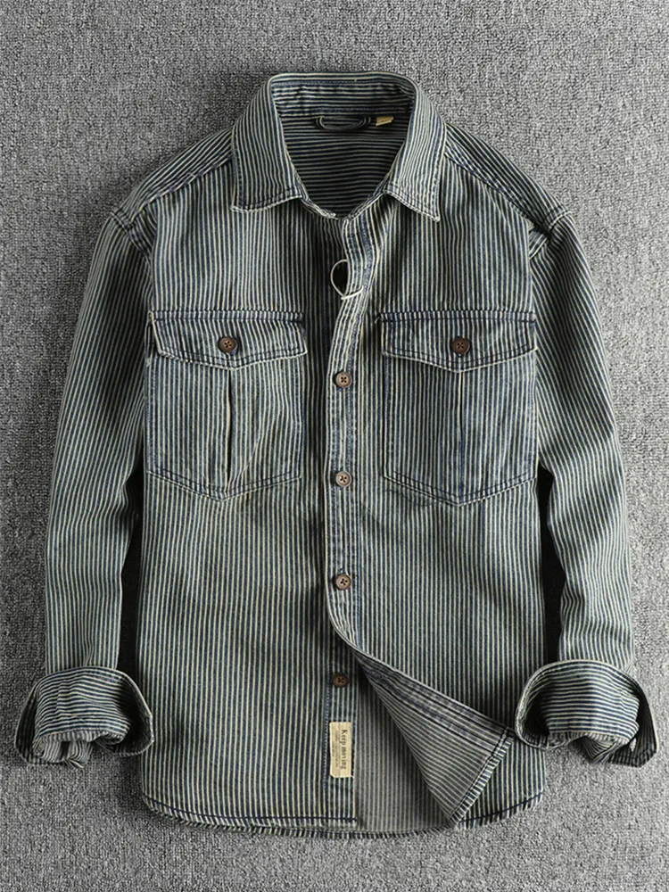 Autumn New American Retro Long Sleeved Lapel Denim Striped Cargo Shirt Men's Simple Cotton Washed Old Casual Blouses Coat