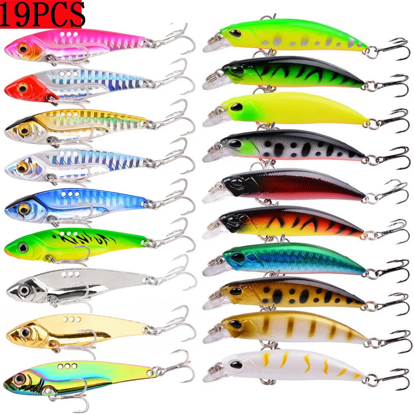 

19pc Metal VIB Blade Lures 10g 3D Eyes Minnow 4g Balancer Spoon Spinner Fishing Lure Hard Bait Tackle Treble Hook