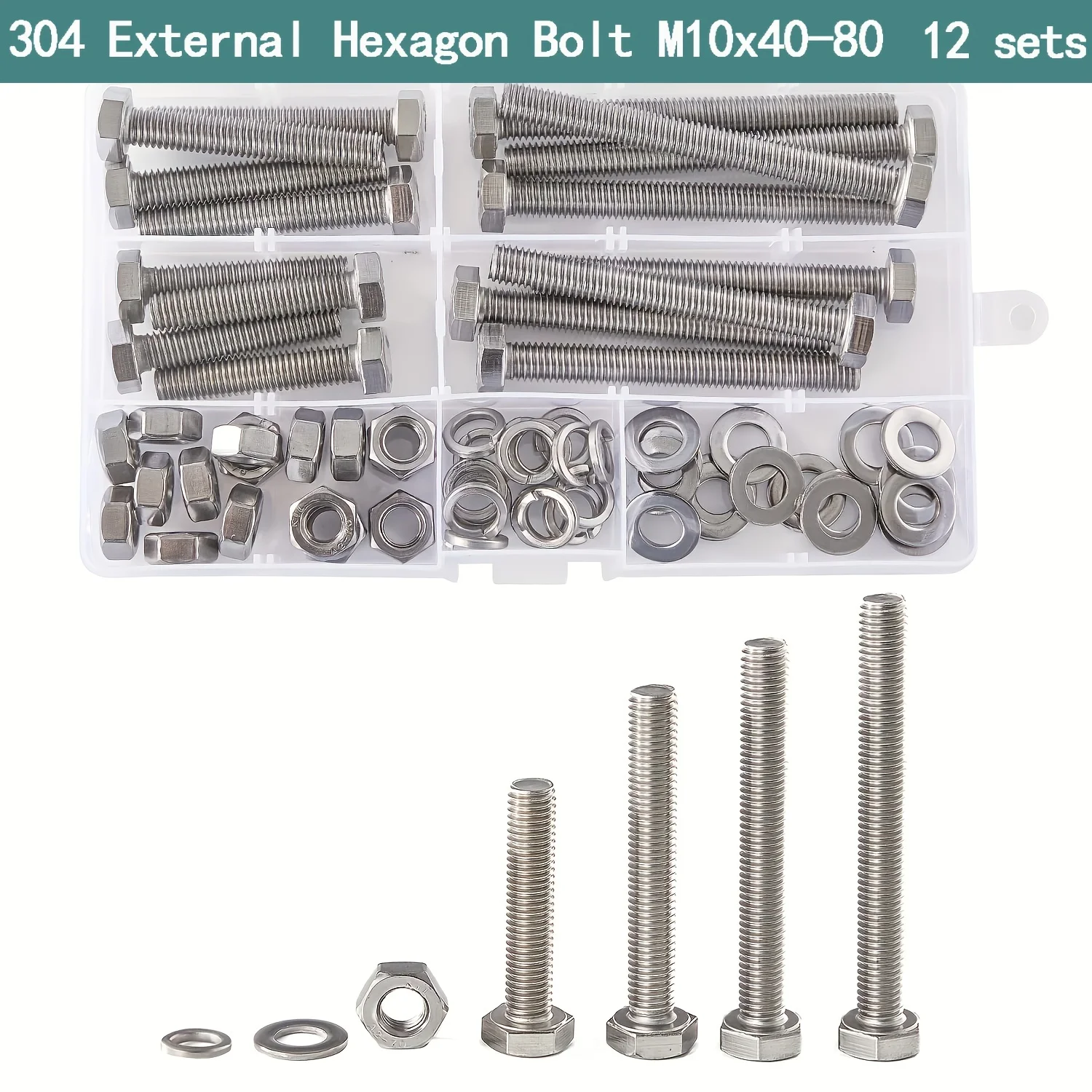 M10 x 40mm 50mm 70mm 80mm Hex Head Bolts Screws, Nuts, Flat & Lock Washers, Stainless Steel 304, Machine Fully Thread