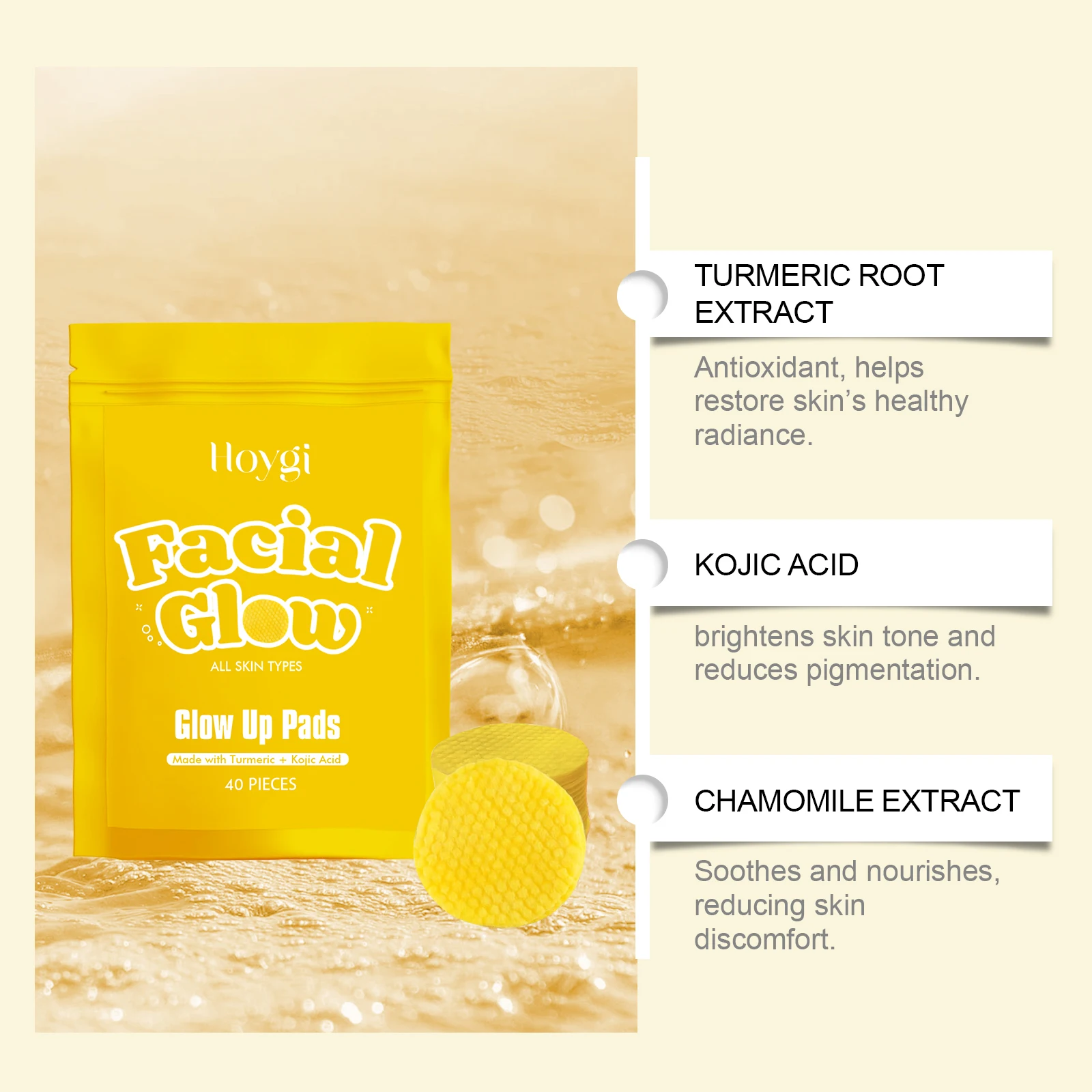 Description Picture 5 of itemHoygi 40pcs Turmeric Cleansing Pads Gentle Exfoliating Face Wipes with Natural Extract Brightening Cotton Discs for Daily Skinca