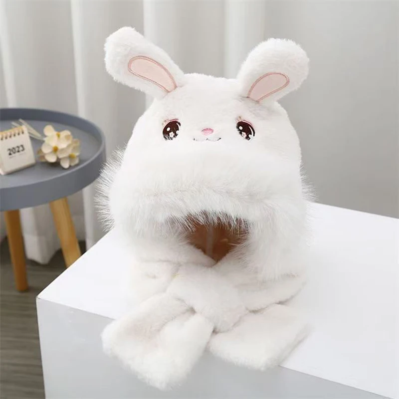 Cartoon Rabbit Baby Plush Hat Scarf Winter Fluffy Fur Ear Protection Cap for Toddler Cute Bunny Ear Kids Boy Girl Beanie Caps 6