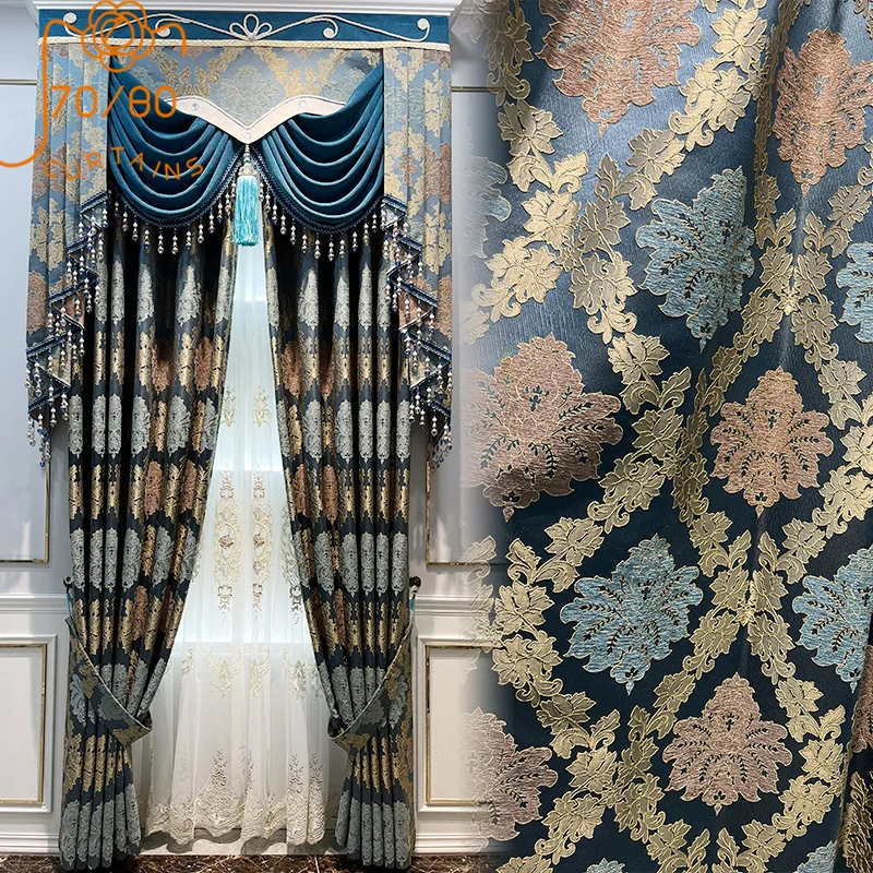 

American Retro Blue Jacquard Thickened Chenille Shading Curtains for Living Room Bedroom French Window Villa Customization