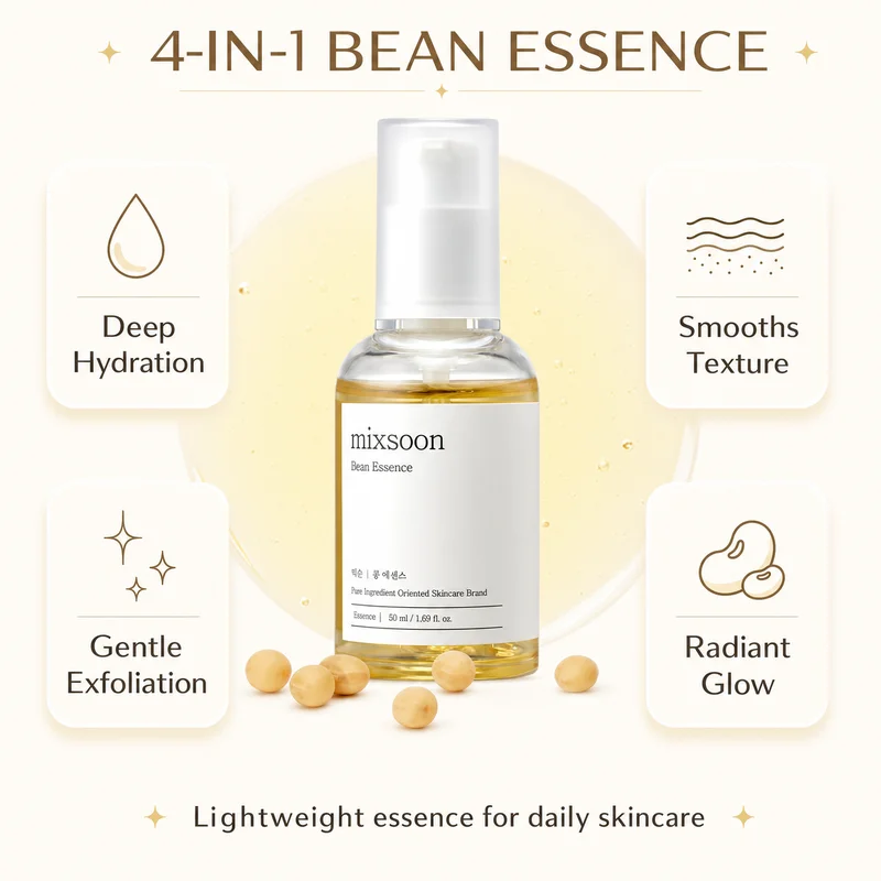 Korean Skin Care Mixsoon Bean Essence Hyaluronic Acid Exfoliating Facial Serum Hydrating, Moisturizing and Antioxidant Essence - immagine 2