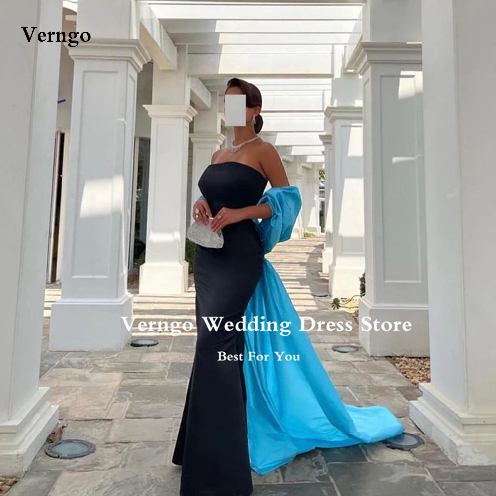 

Verngo Arabic Women Black Mermaid Evening Dresses Long Sky Blue Jacket Strapless Satin Prom Gowns Simple Party Formal Dress