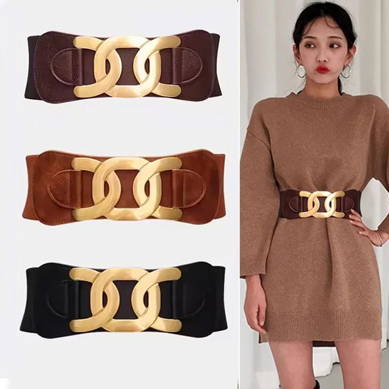 Golden Hook Buckle Elegant Women's Retro Elastic Wide Belt