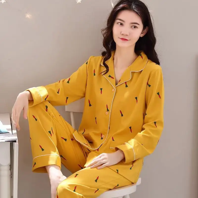 Sleepwear Women Spring Autumn Cotton Pajama Sets Long Sleeve Cardigan Pants Pyjamas Korean Lapel Print High-end Loungewear Suit