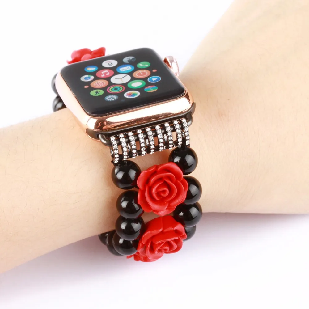 Jewelry Strap for Apple Watch Band 45mm 41mm 44mm 40mm 42mm Red Rose Flower Agate Bracelet Wristband for iWatch Series 8765432SE
