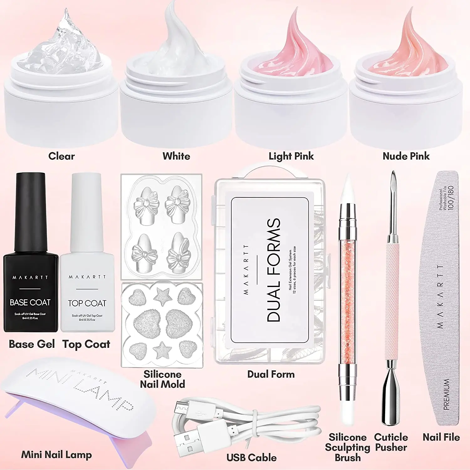 Nail Gel Nail Extension Gel Makartt Solid Builder Nail Gel Kit for Nail Extension,All in One Hard Gel Kit with Base Top Coat UV LED Lamp