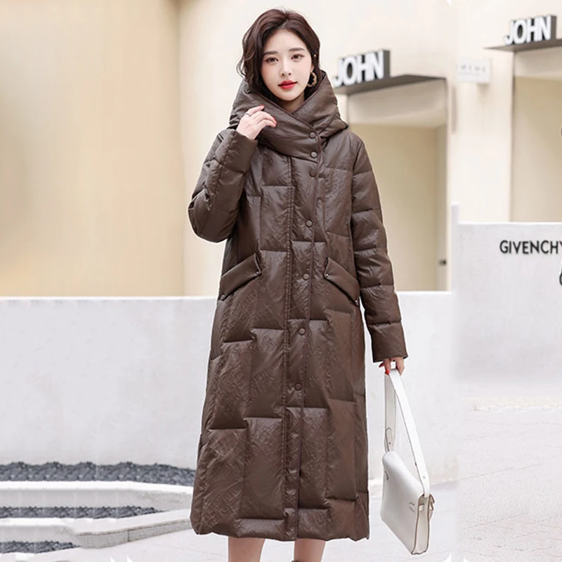 new women leather down coat winter fashion real fox fur collar hooded loose sheepskin overcoat thick warm long outerwear female New Women Winter Casual Leather Down Overcoat Fashion Warm Hooded Loose Long Sheepskin Down Coat Split Leather Coffee Outerwear