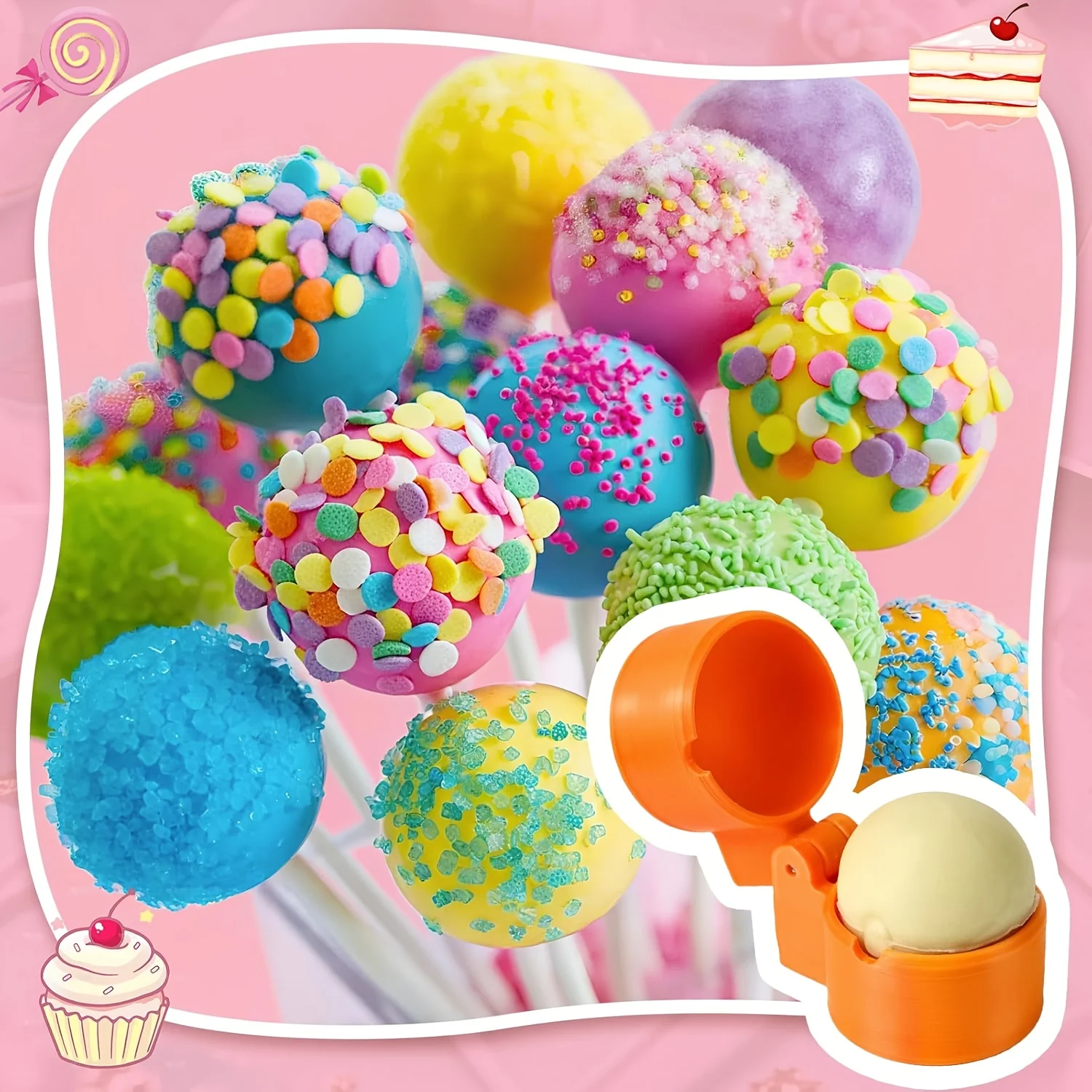 3D Printed Round Cake Stick Mold Set,Pressing Shaping Sphere Circle Cake Pop Cutter and Pusher for Home Baking Accessories