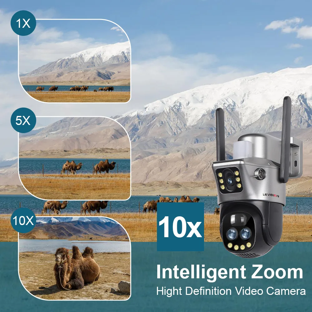 12MP 4G/WiFi Solar Camera Dual Screen Three Lens 10X Zoom Outdoor Surveillance C