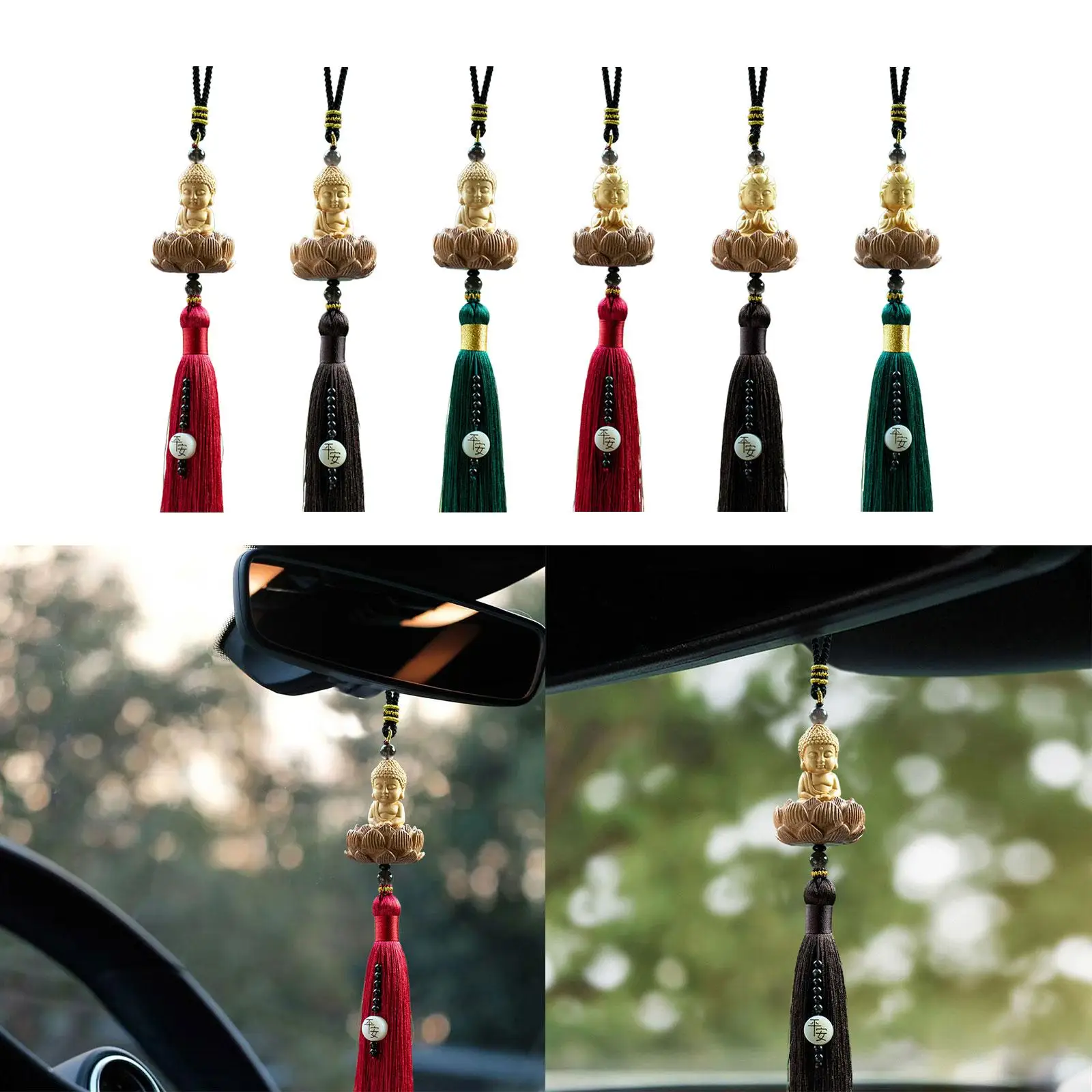 Car Rearview Mirror Charm Pendant Buddha Statue Lovely Wood Sculpture Auto Interior Decoration for Window Vehicles Wall