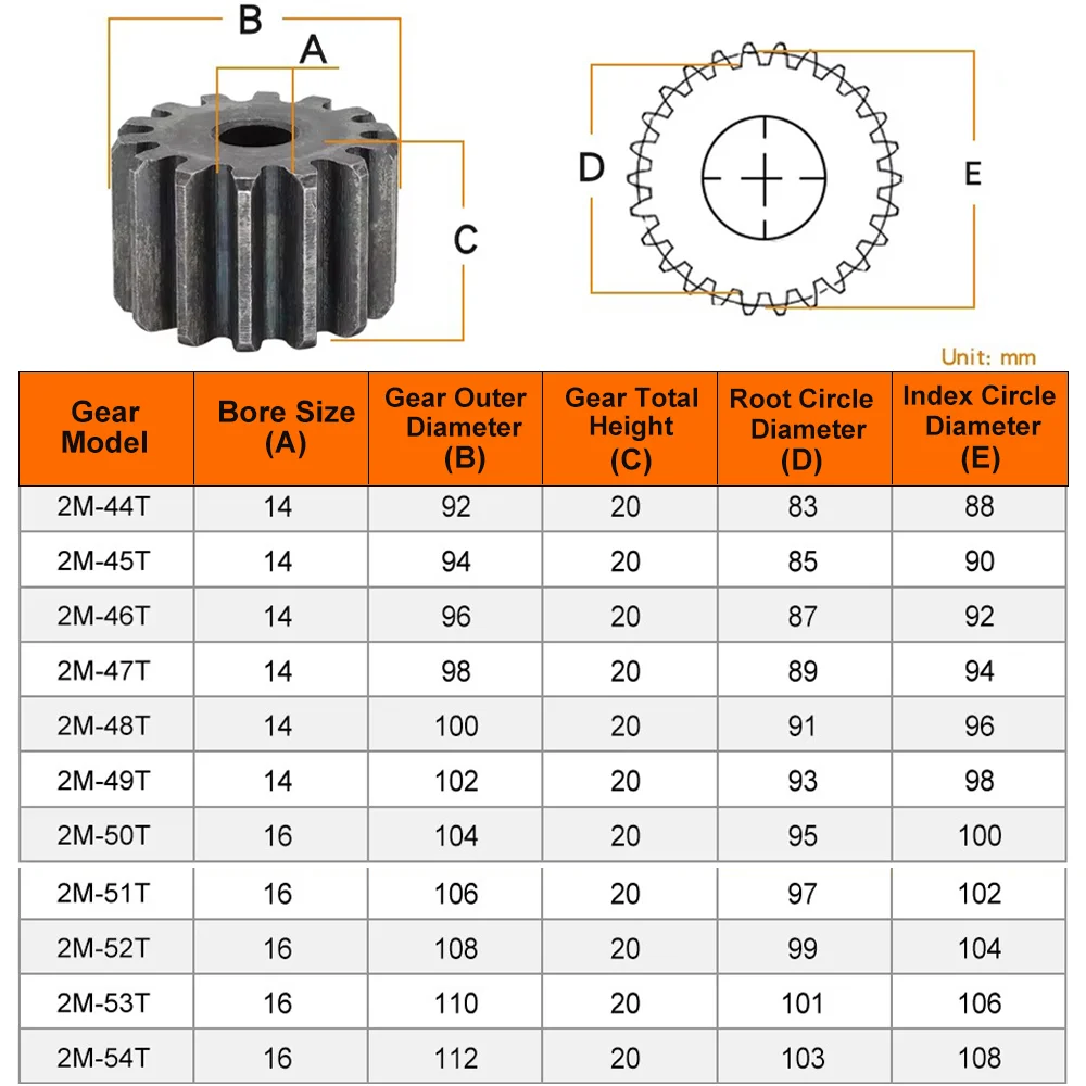 Flat Gear 2M-44T/45T/46T~52T/53T/54Teeth SC45# Carbon Steel Cylindrical Gear Height 20 mm High Frequency Quenching Teeth