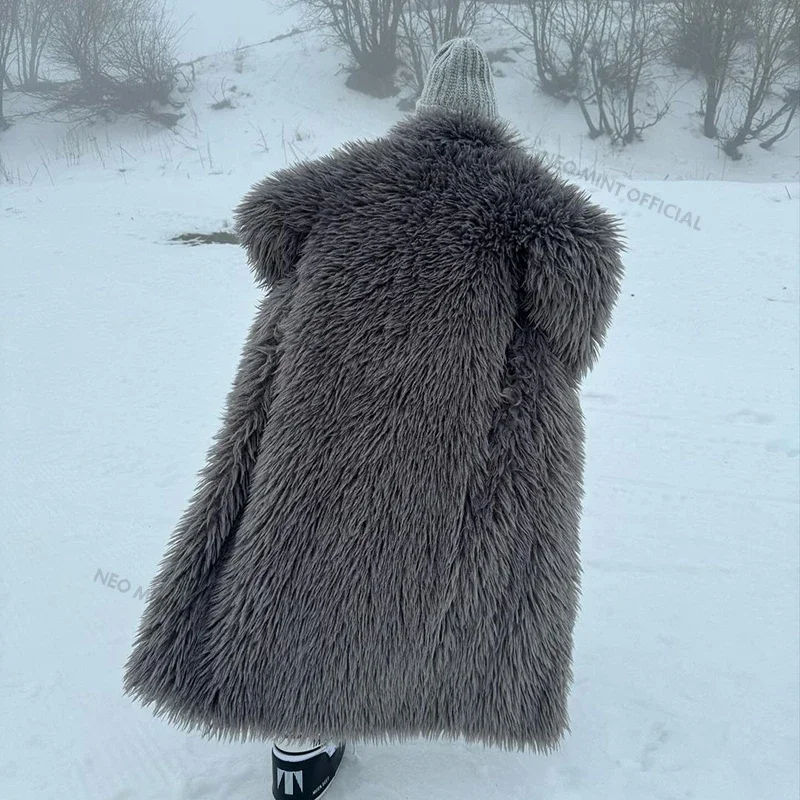 Neo Mint Extra Long Luxury Lamb Fur Teddy Coat Women 2024 Winter Ladies Mob Wife Style Oversized Chunky Faux Fur Jacket Overcoat 6