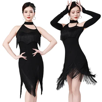 Abito da ballo latino con frange e nappe per donne, competizione, costumi da ballo, tango, salsa, abiti flapper, sexy, manica lunga, nero