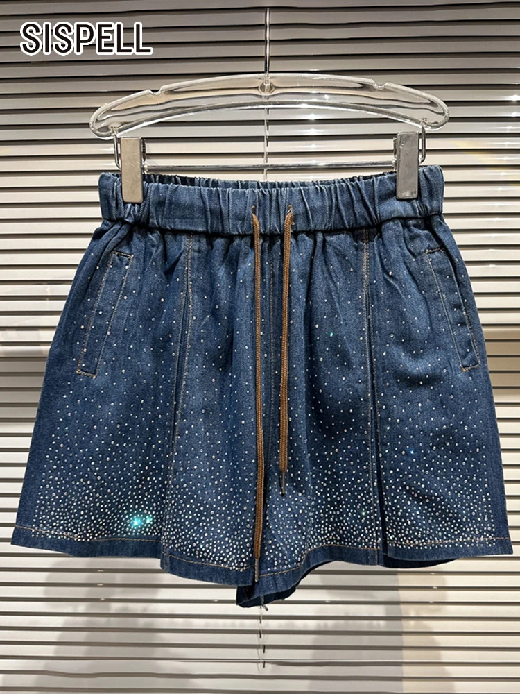 

SISPELL Patchwork Diamonds Denim Short Jeans For Women High Waist Spliced Drawstring Casual Wide Leg Pants Female 2023 New Style