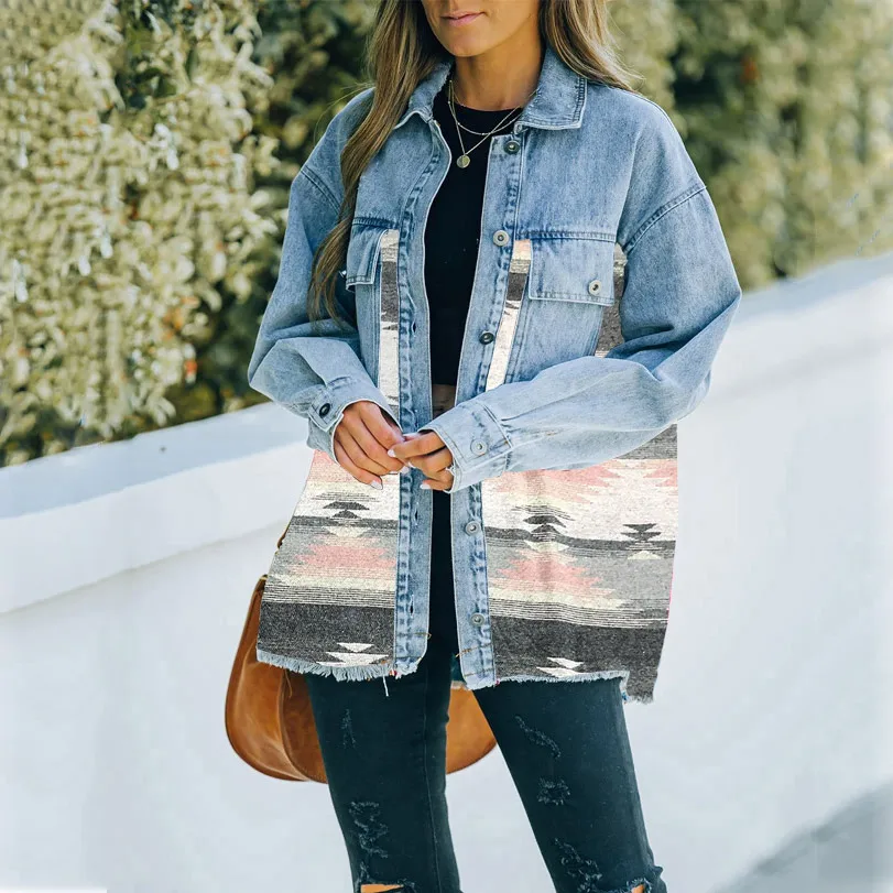thumbnail image 1 of Chaqueta vaquera rasgada con solapa para mujer, chaqueta larga de moda para otoño e invierno, chaqueta con bolsillos, abrigo estándar, abrigo holgado, ropa de calle, 1 of 5