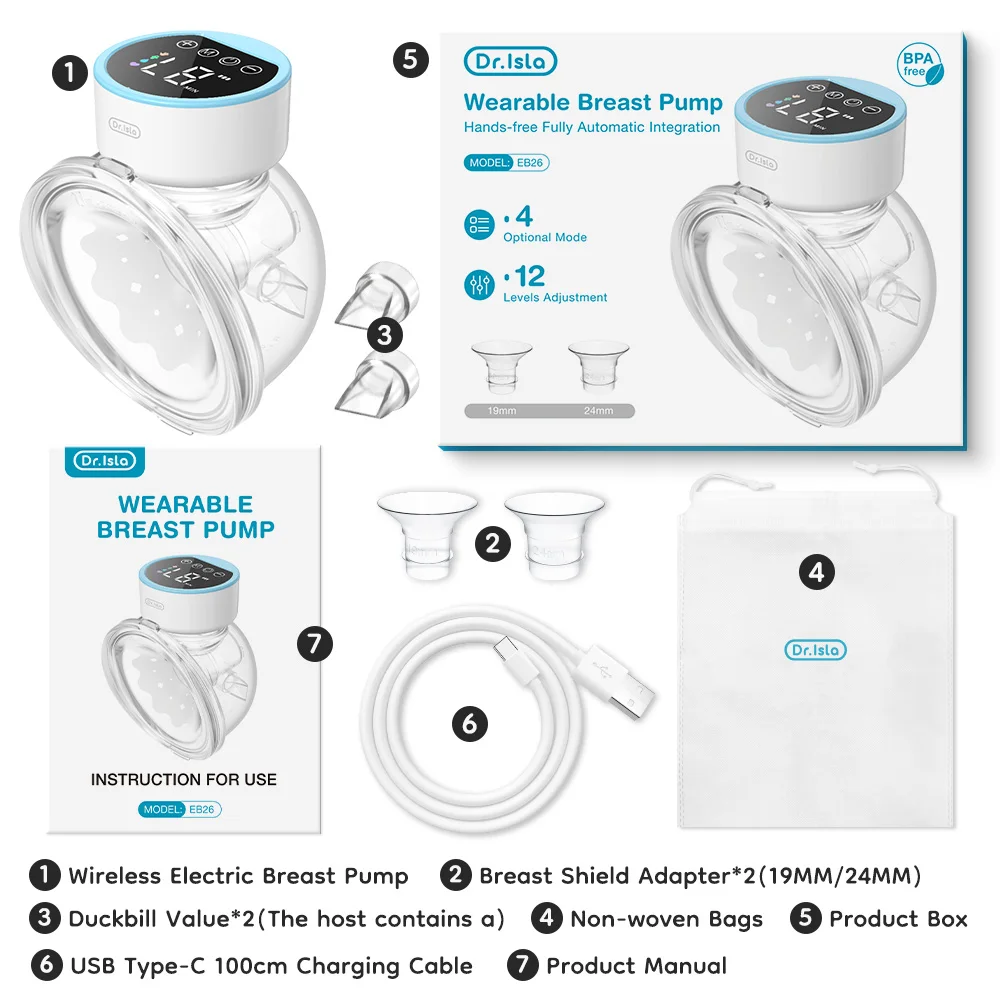 Electric Breast Pump MAMIJOY Wearable 4 Modes 12 Levels Portable Hands Free Silent Comfort With 19/24mm Flange EB26