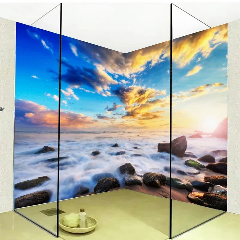 Photo Wallpaper 3D Seaside Scenery Blue Sky Beach Wall Sticker Bathroom Self Adhesive Waterproof Mural Modern Creative Stickers