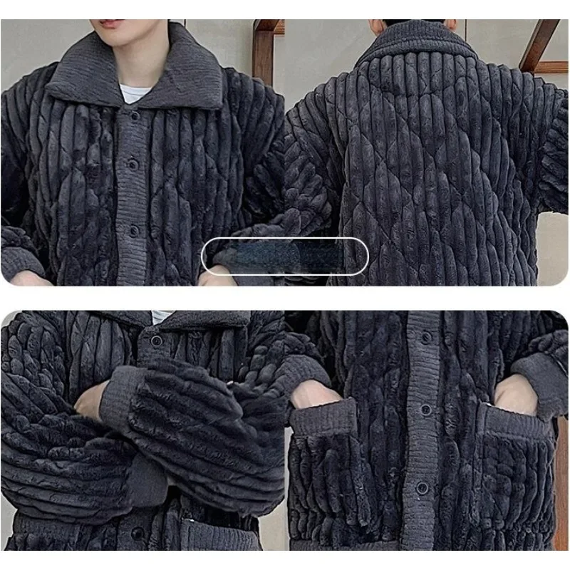 Men New Pajamas Autumn Winter 3-layer Cotton Sleepwear Youth Coral Velvet Thicken Plush Loungewear Flannel Warm Home Clothes Set