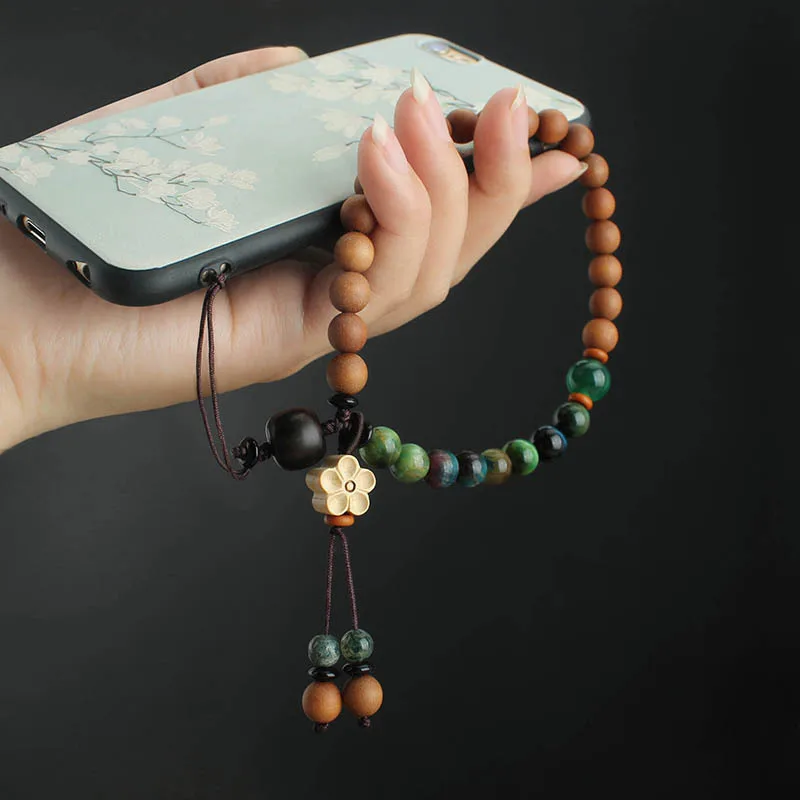 

Chinese sandalwood mobile phone chain tiger eye short wrist lanyard personalized creative retro detachable anti loss pendant