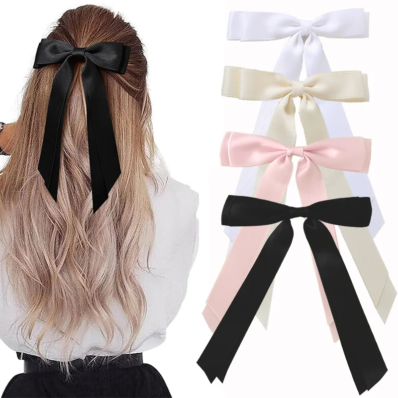2/4 Stück Modische Zweischichtige Schleifen-Haarspangen für Damen, Weiche Langschwänzige Schleifen-Haarnadeln, Vintage Metall-Haarspangen Seiden-Haaraccessoires