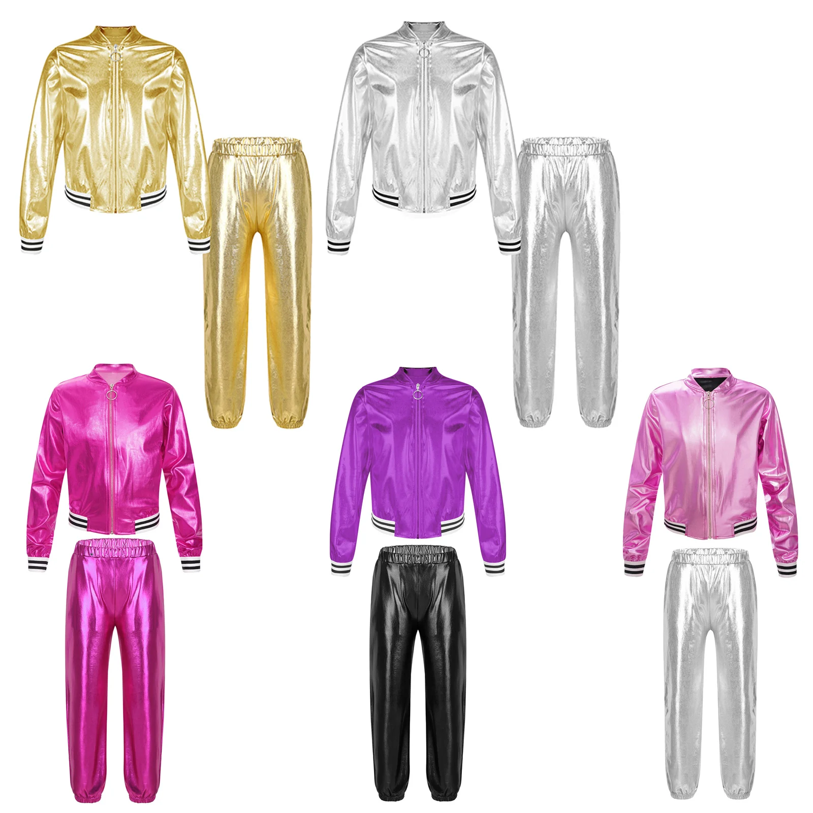 Kids Girls Jazz Hip-hop Dance Costume Sports Street Dancing Performance Outfits Shiny Metallic Jacket Bomber Coat with Pants