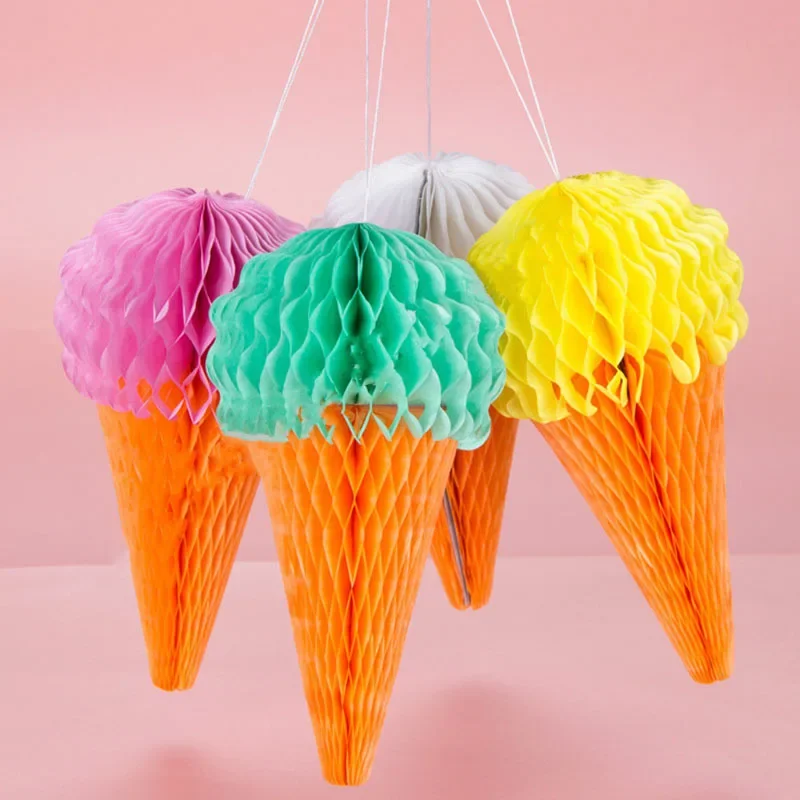 4 Stück bunte Eiscreme-Themenpapier, Wabenbanner, Girlande, Ornament für Kinder, Geburtstag, Babyparty, Hochzeit, Party-Dekoration