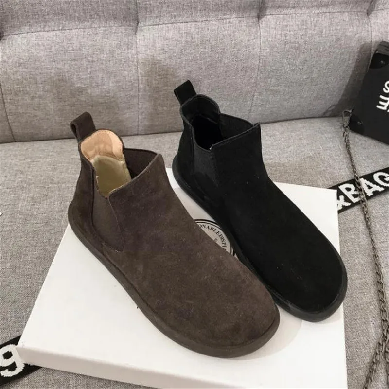 YeddaMavis Brown Leather Chelsea Boots Women Vintage Martens British Casual High Top Shoes Breathable Ankle Boots Walking Shoes