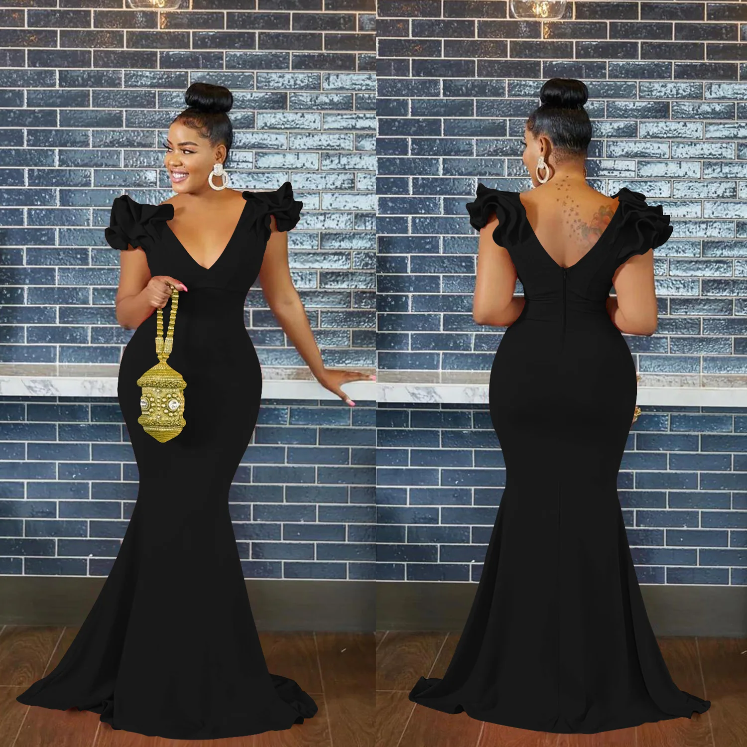 パーティードレス Petal Sleeve Deep V-neck Gown Autumn Fashion Sexy Party Dress Women Elegant Deep V-Neck